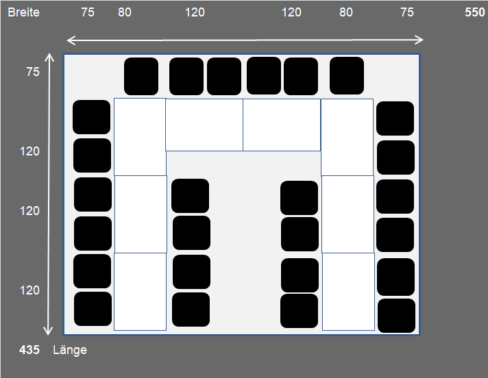 Skizze 8 Konferenztische mit 26 Polsterstühlen